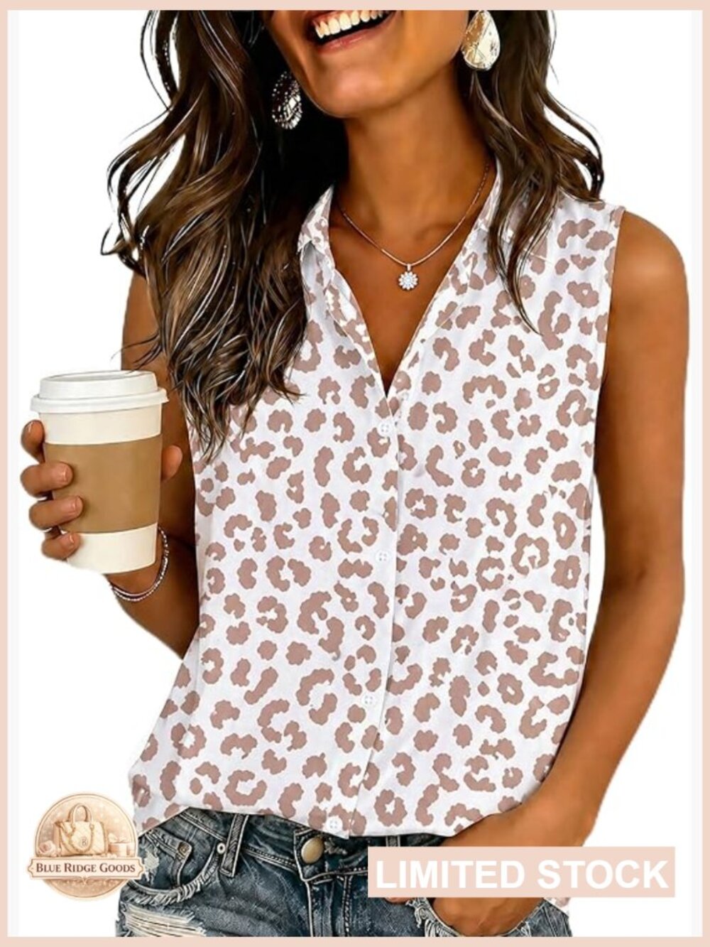 Sleeveless Button-Down Leopard Print Top - White & Beige